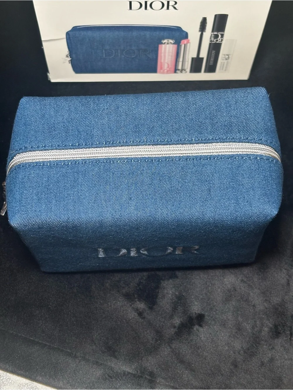 Dior Blue Denim Embroidered Cosmetic Pouch with Makeup Set Limited Edition